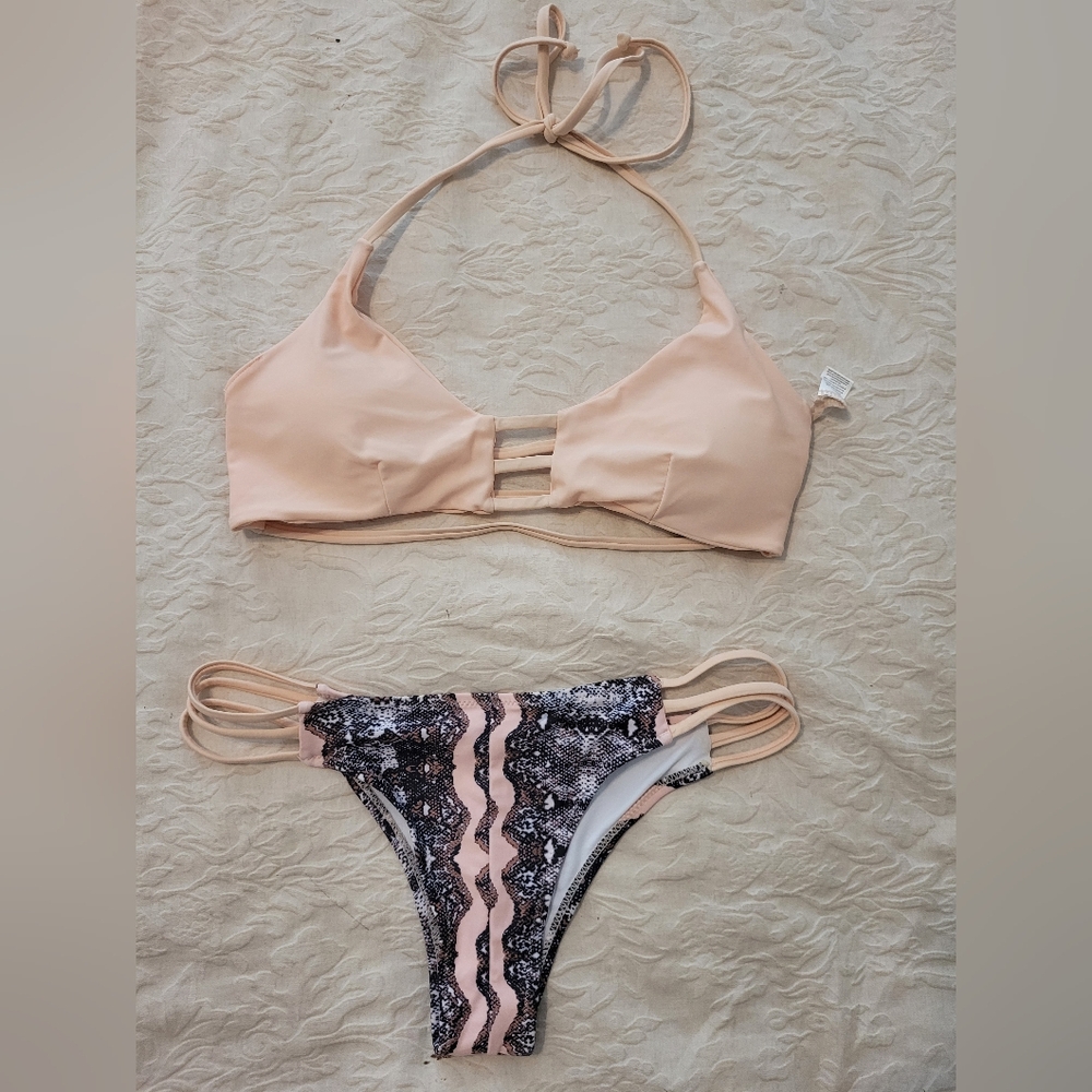 Stylish Peach and Snake Print Bikini Set